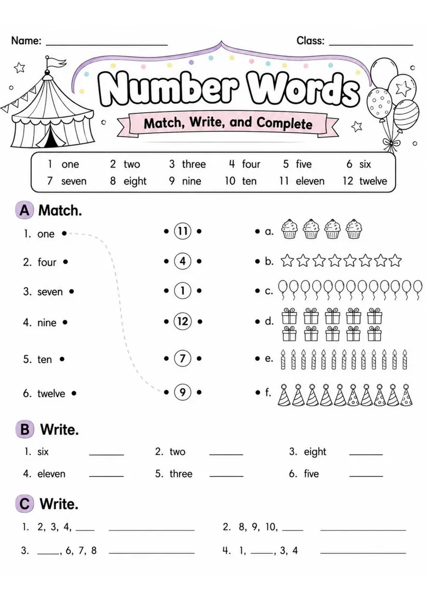 Number Words | Grade 1 Vocabulary Worksheet grade 1 printable PDF preview