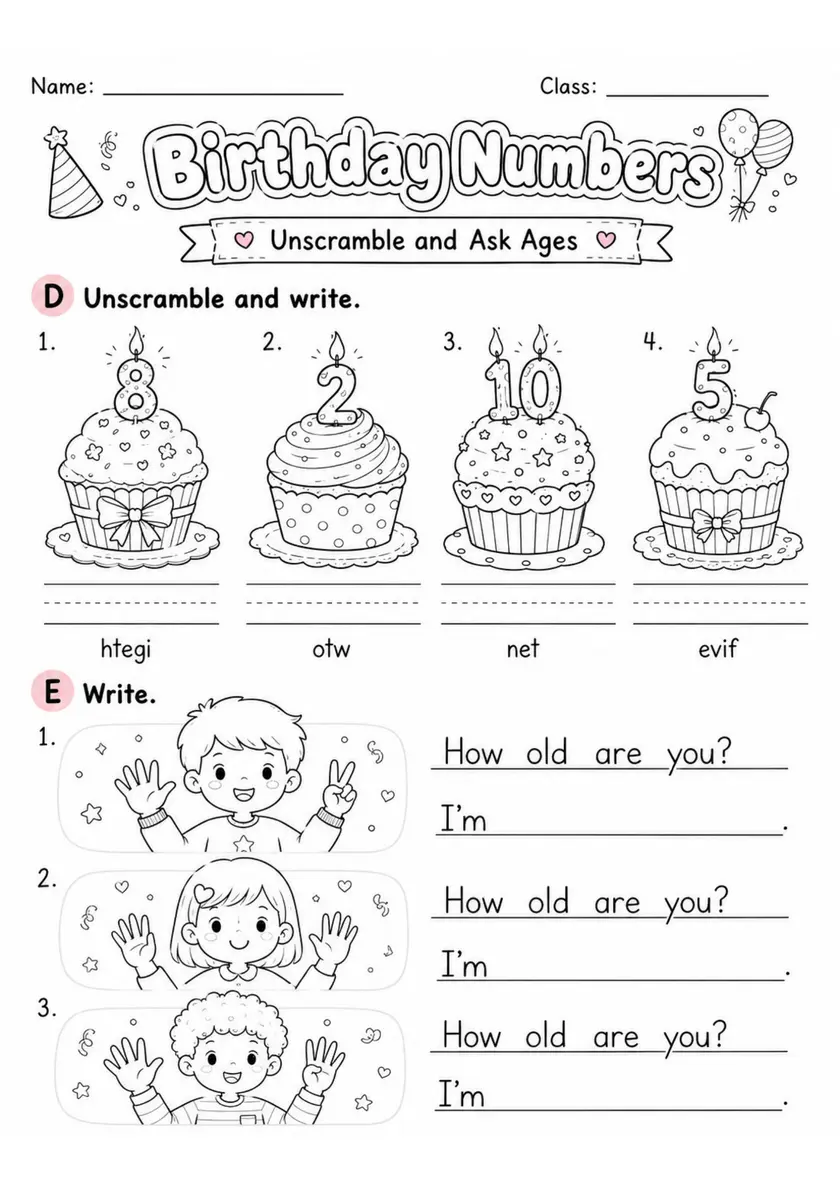 Birthday Numbers | Grade 1 English Language Arts Worksheet grade 1 printable PDF preview