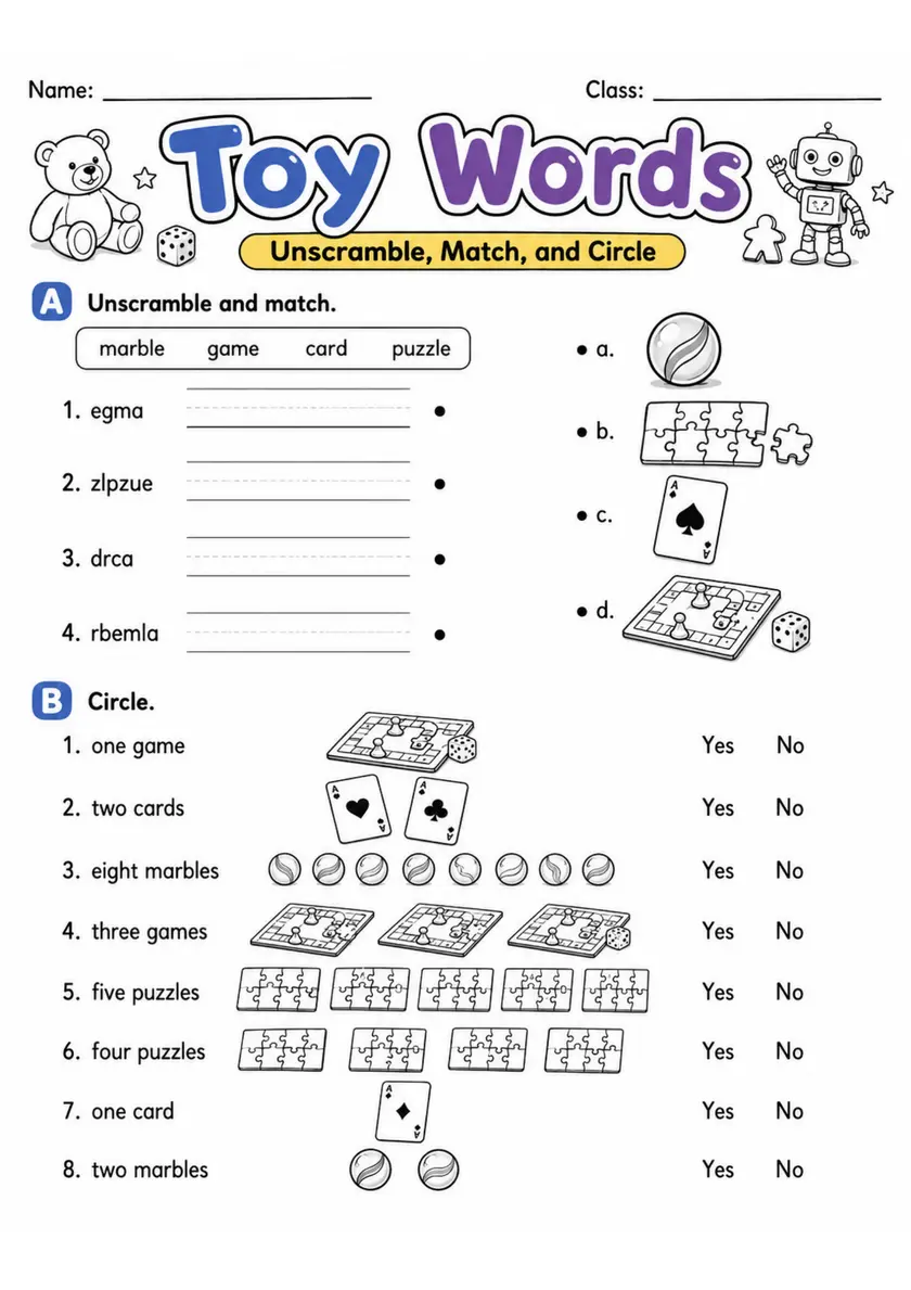 Toy Words | Grade 1 Vocabulary Worksheet grade 1 printable PDF preview