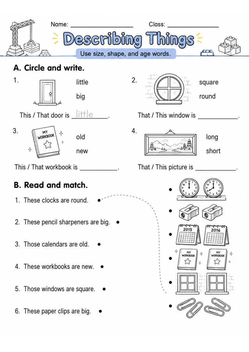 Describing Things | Grades 2-3 Vocabulary Worksheet grades 2 3 printable PDF preview