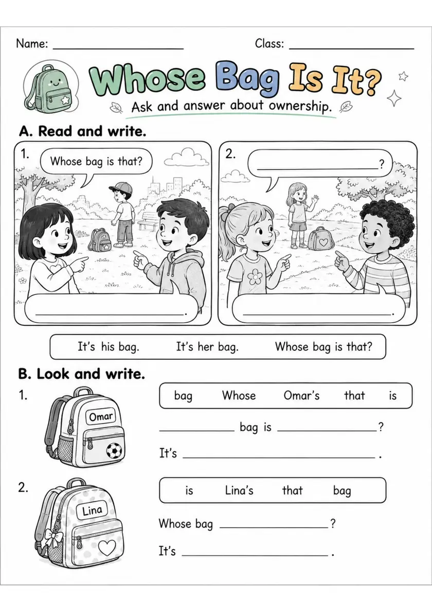 Whose Bag Is It? | Grades 2-3 English Language Arts Worksheet grades 2 3 printable PDF preview