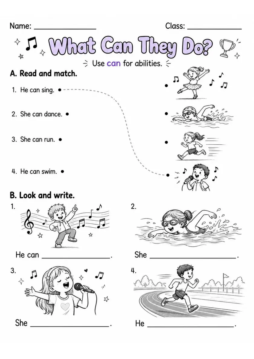What Can They Do? | Grades 2-3 English Language Arts Worksheet grades 2 3 printable PDF preview