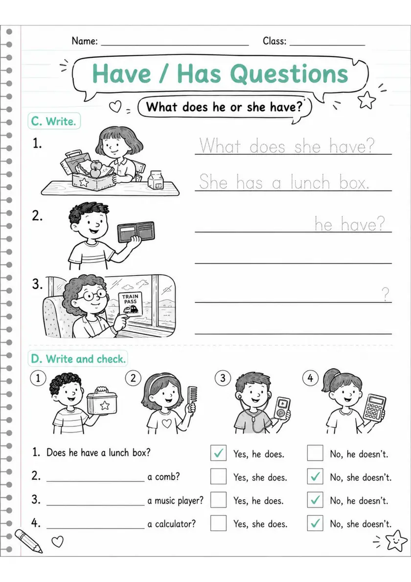 Have / Has Questions | Grades 2-3 English Language Arts Worksheet grades 2 3 printable PDF preview