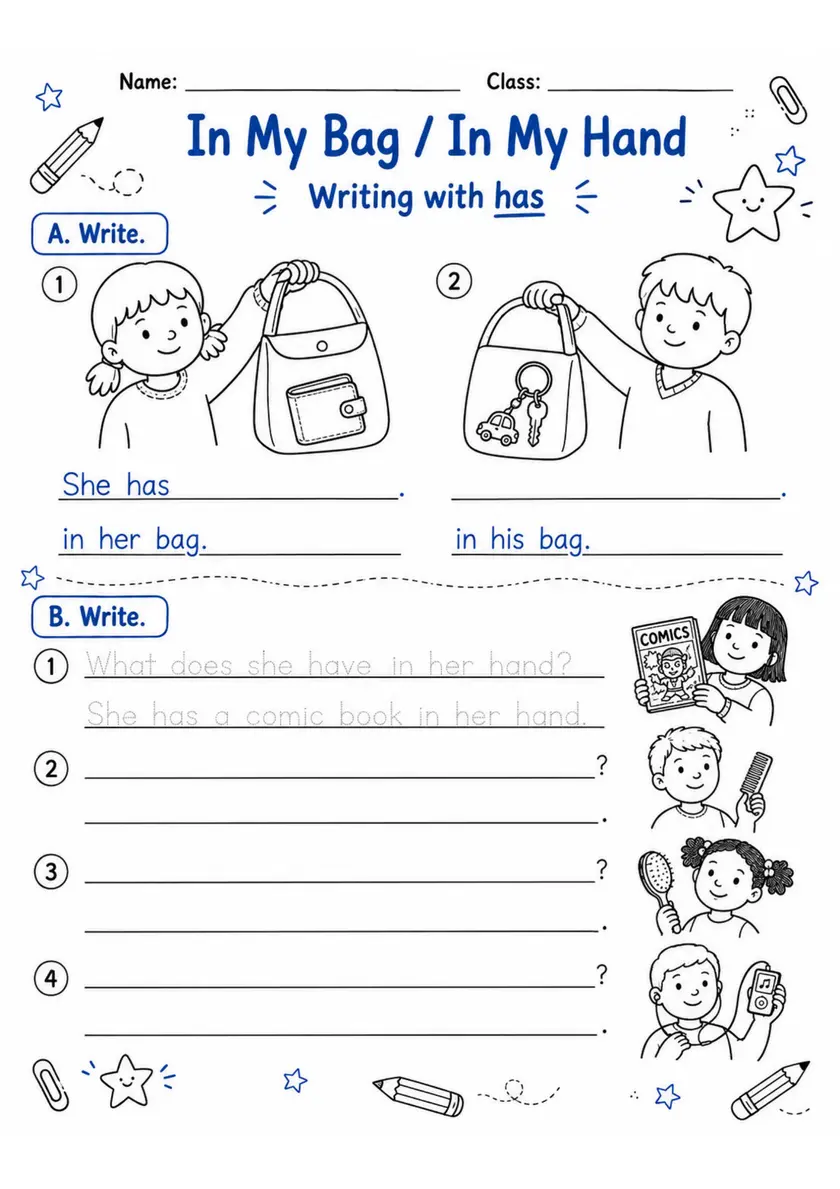 In My Bag / In My Hand | Grades 2-3 English Language Arts Worksheet grades 2 3 printable PDF preview