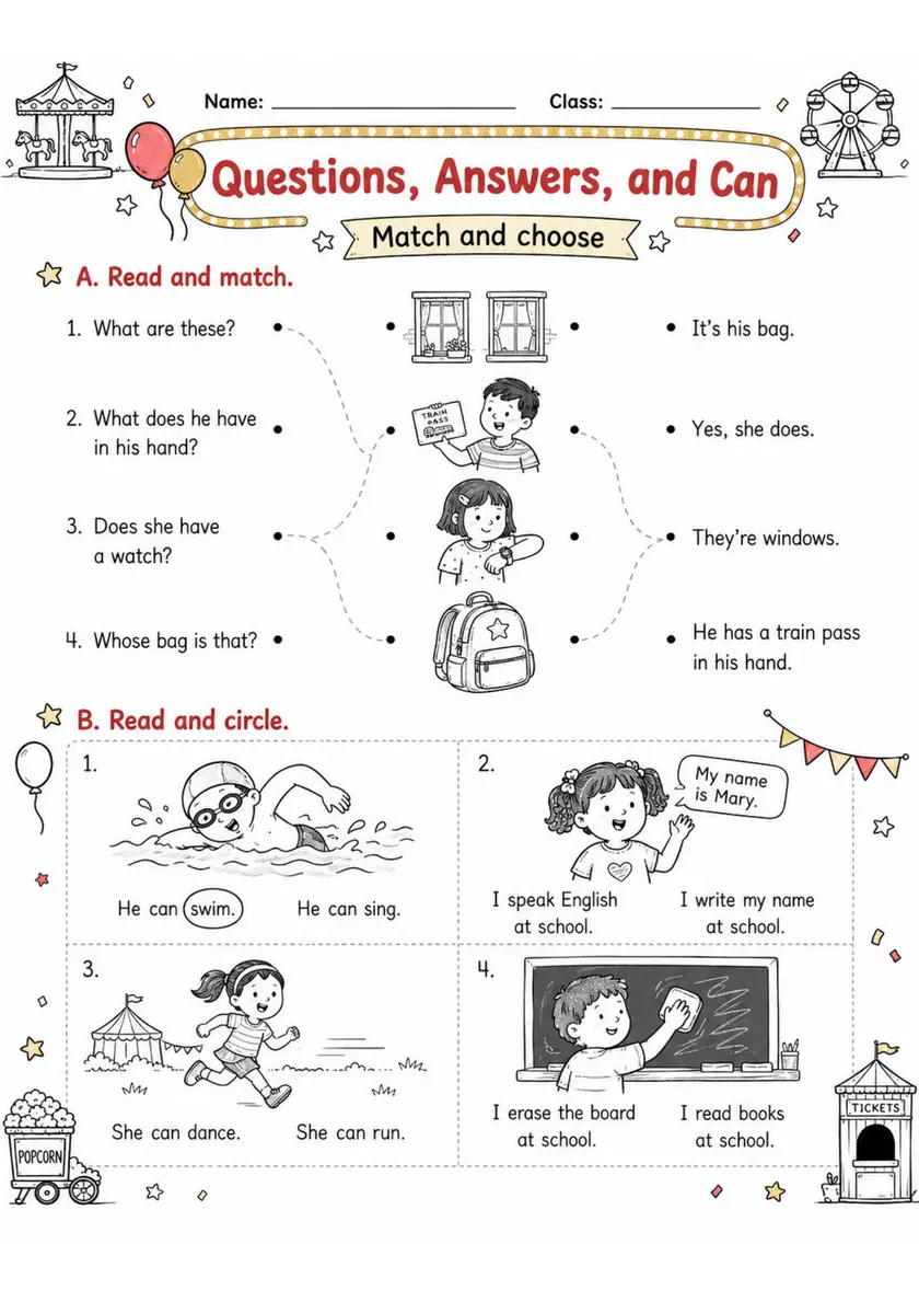 Questions, Answers, And Can | Grades 2-3 English Language Arts Worksheet grades 2 3 printable PDF preview