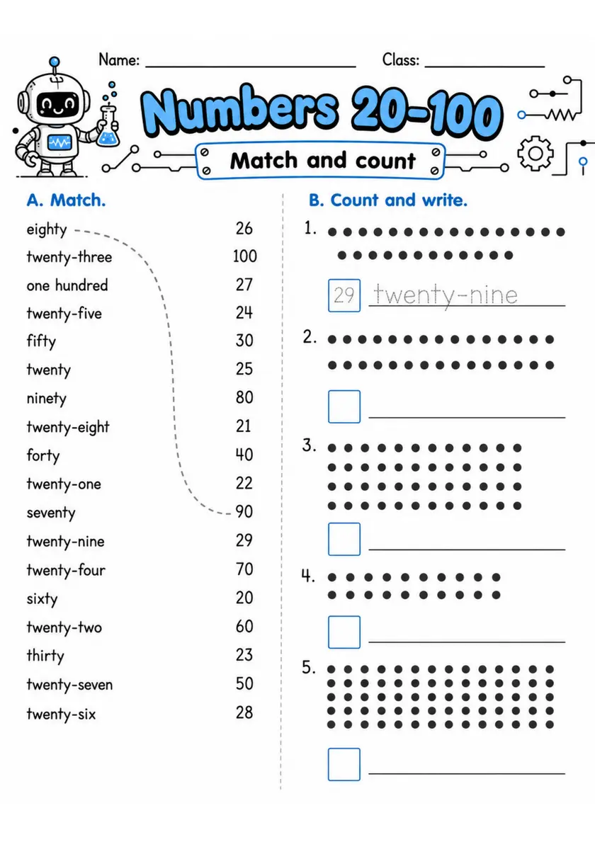 Numbers 20-100 | Grades 2-3 English Language Arts Worksheet grades 2 3 printable PDF preview