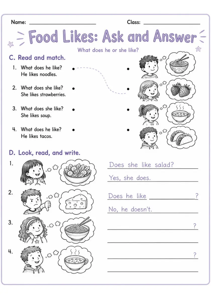 Food Likes: Ask And Answer | Grades 2-3 Grammar Worksheet grades 2 3 printable PDF preview