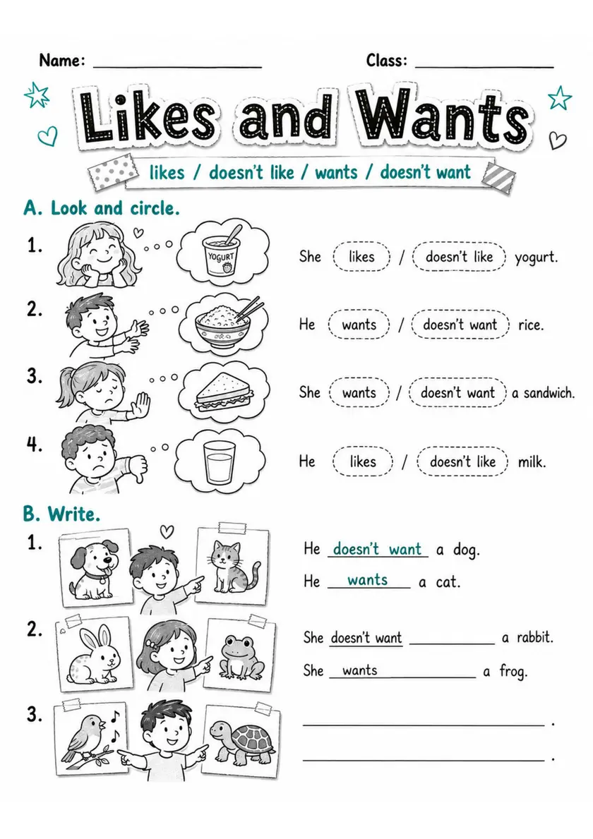 Likes And Wants | Grades 2-3 English Language Arts Worksheet grades 2 3 printable PDF preview