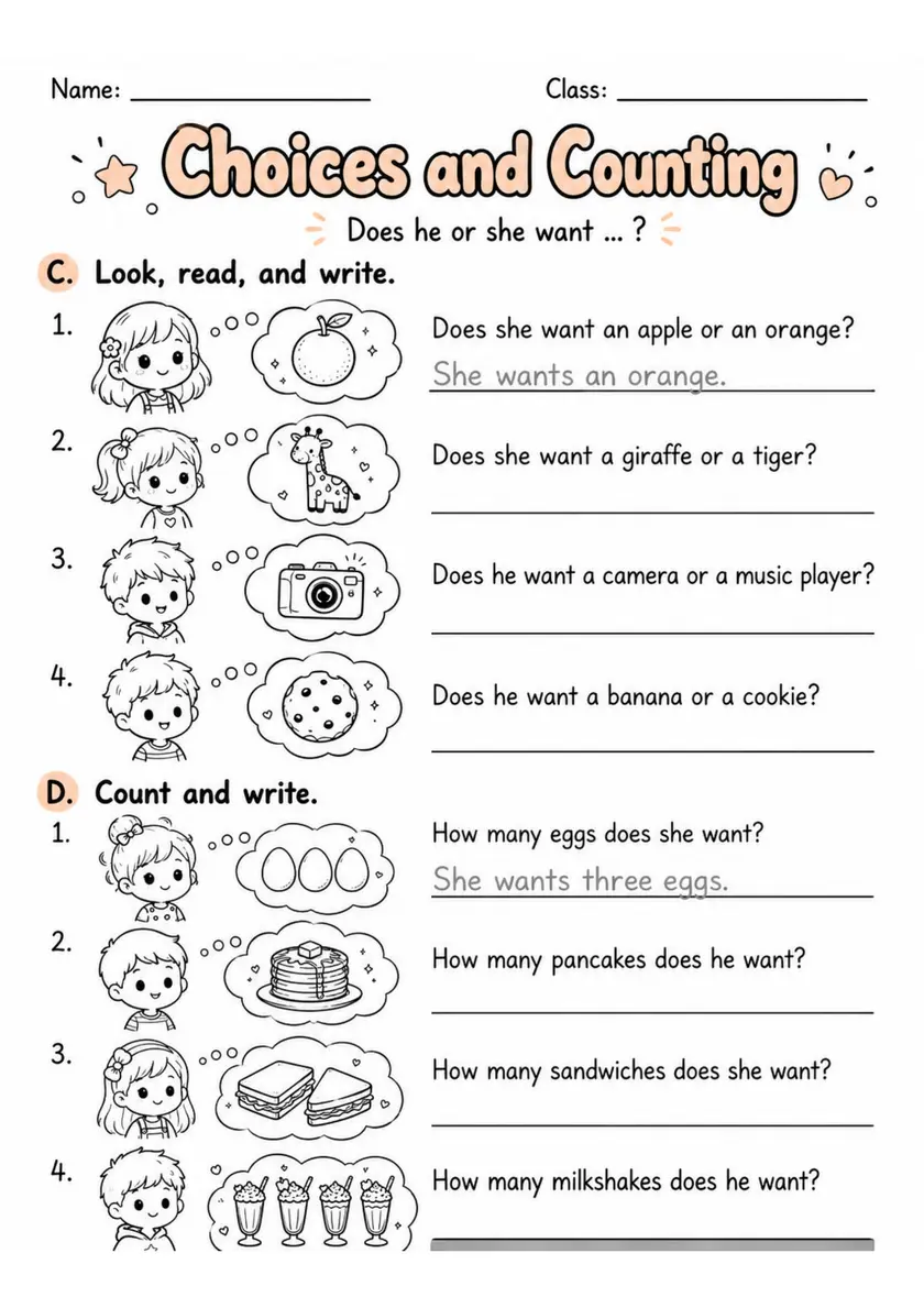 Choices And Counting | Grades 2-3 English Language Arts Worksheet grades 2 3 printable PDF preview