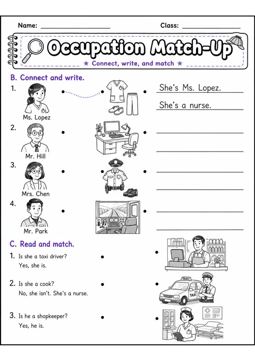 Occupation Match-Up | Grades 2-3 Vocabulary Worksheet grades 2 3 printable PDF preview