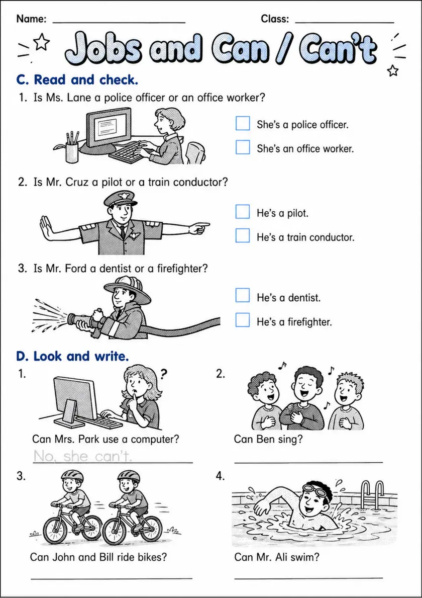 Jobs And Can / Can'T | Grades 2-3 Grammar Worksheet grades 2 3 printable PDF preview