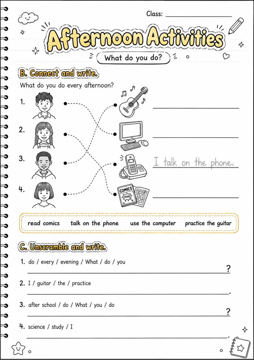 Afternoon Activities | Grades 2-3 English Language Arts Worksheet grades 2 3 printable PDF preview