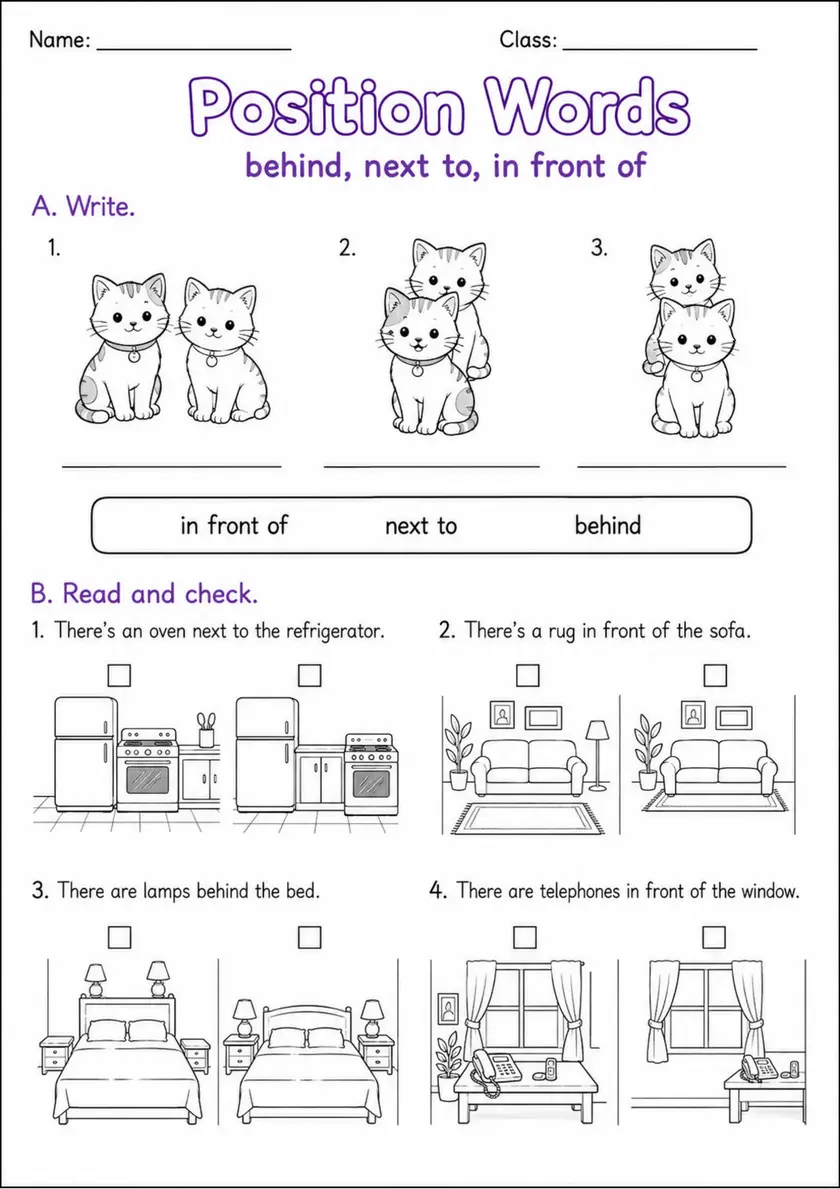 Position Words | Grades 2-3 Grammar Worksheet grades 2 3 printable PDF preview