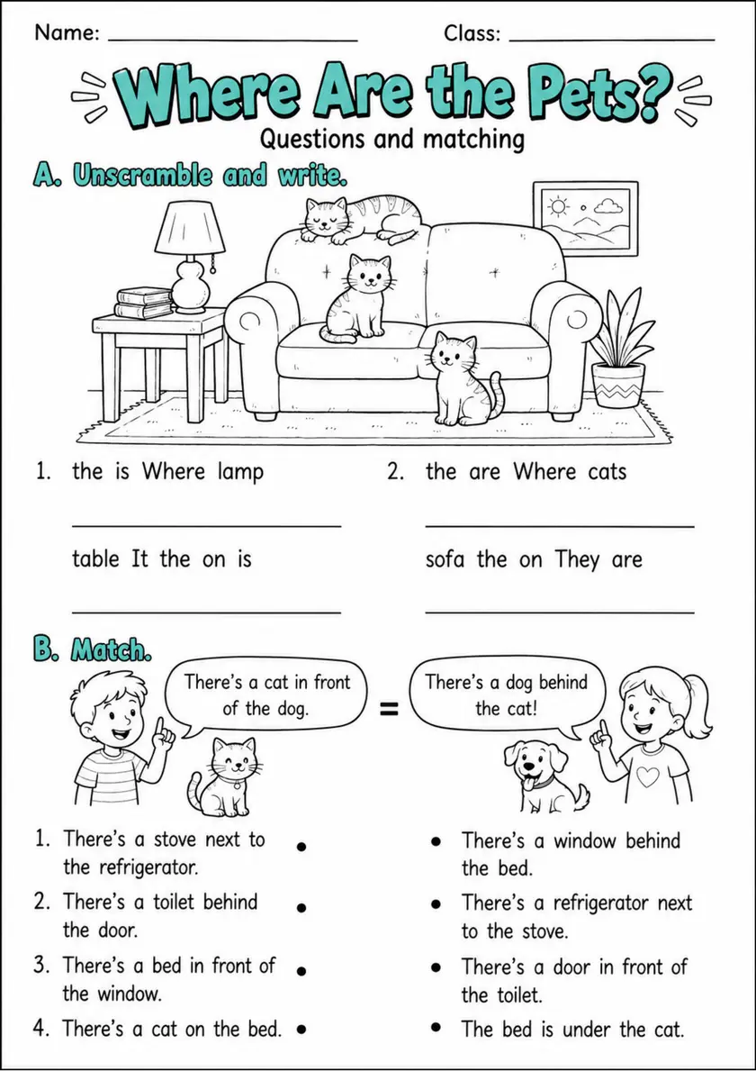Where Are The Pets? | Grades 2-3 English Language Arts Worksheet grades 2 3 printable PDF preview
