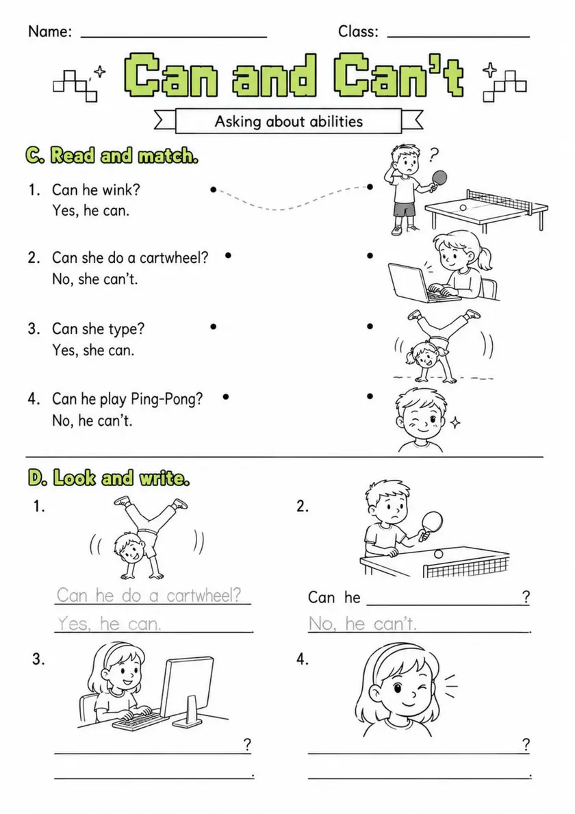 Can And Can'T | Grades 2-3 Grammar Worksheet grades 2 3 printable PDF preview