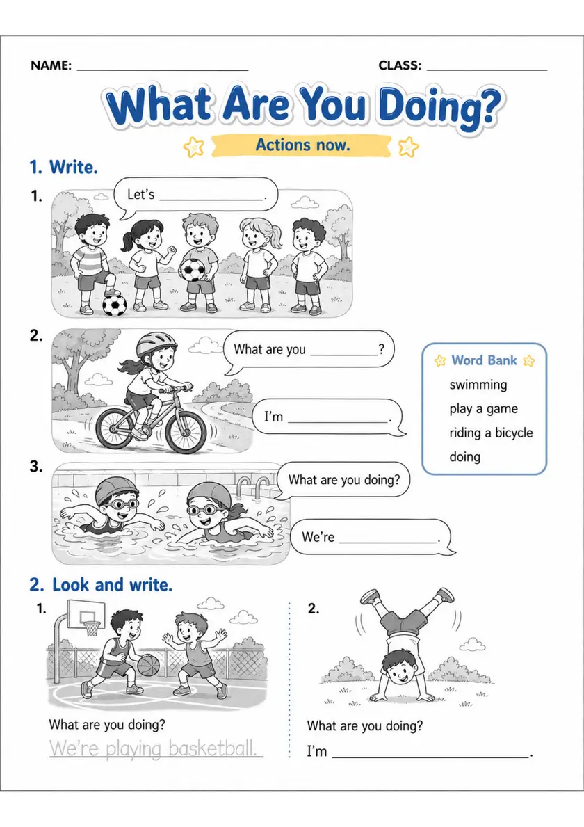 What Are You Doing? | Grades 2-3 Grammar Worksheet grades 2 3 printable PDF preview