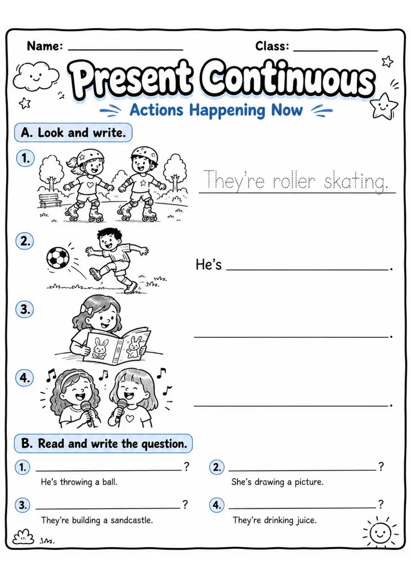 Present Continuous | Grades 2-3 Grammar Worksheet grades 2 3 printable PDF preview
