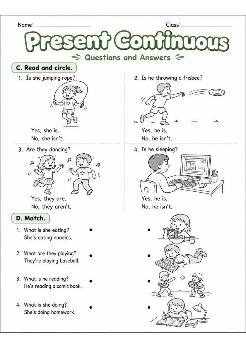 Present Continuous 2 | Grades 2-3 Grammar Worksheet grades 2 3 printable PDF preview