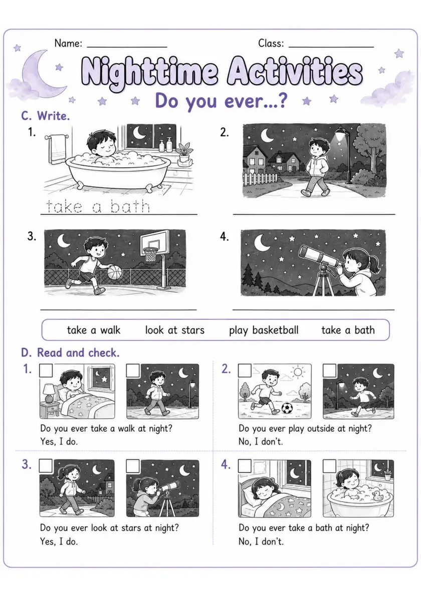 Nighttime Activities | Grades 2-3 English Language Arts Worksheet grades 2 3 printable PDF preview