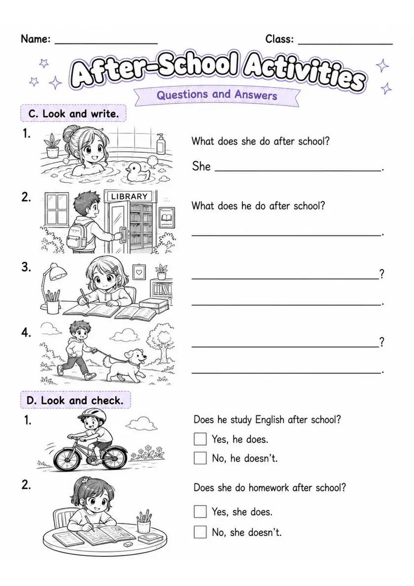 After-School Activities 2 | Grades 2-3 Vocabulary Worksheet grades 2 3 printable PDF preview