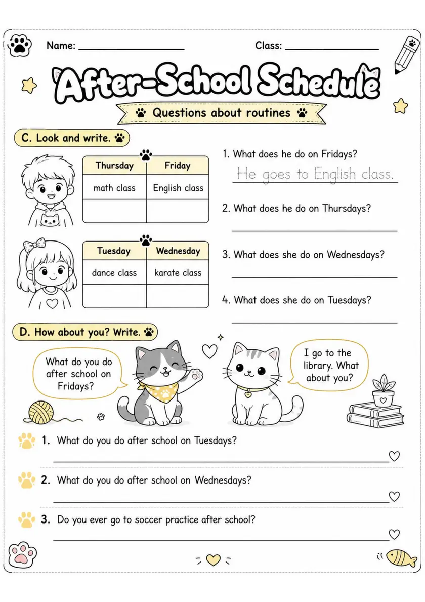 After-School Schedule | Grades 2-3 English Language Arts Worksheet grades 2 3 printable PDF preview