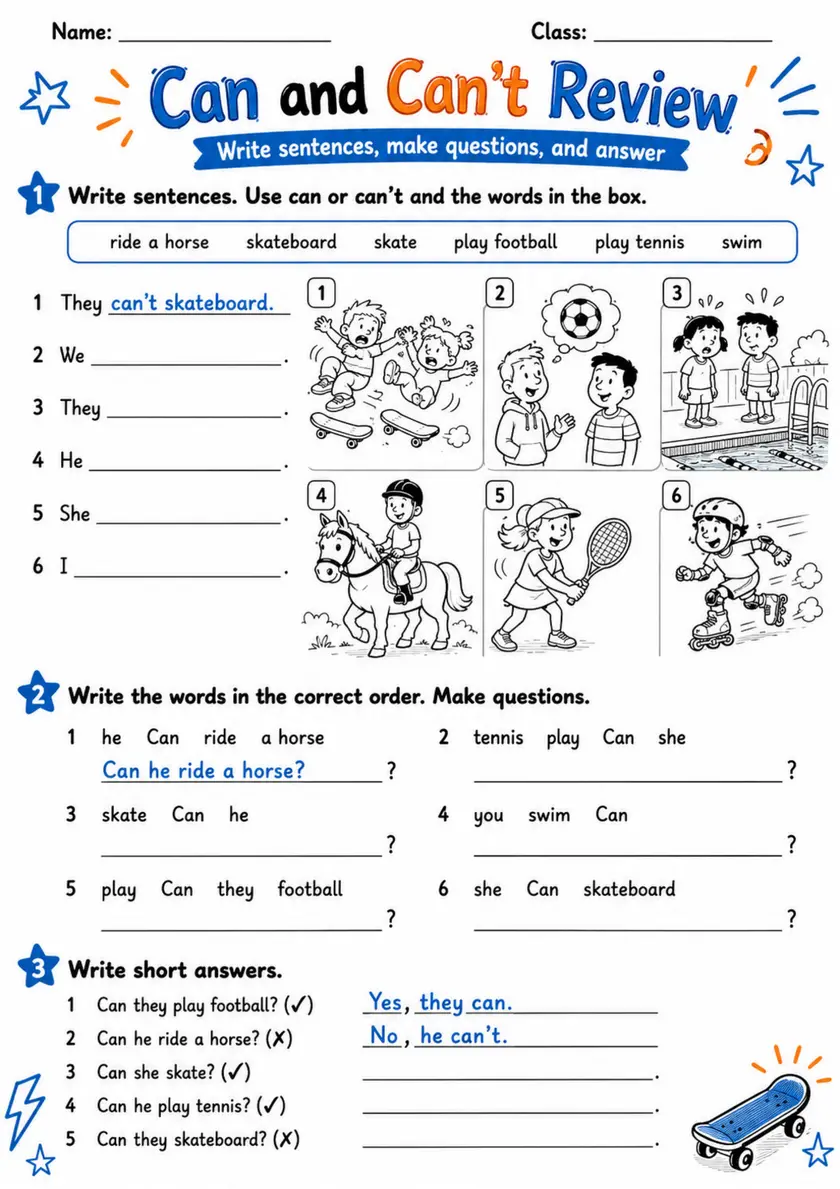 Can And Can'T Review | Grades 2-3 Grammar Worksheet grades 2 3 printable PDF preview