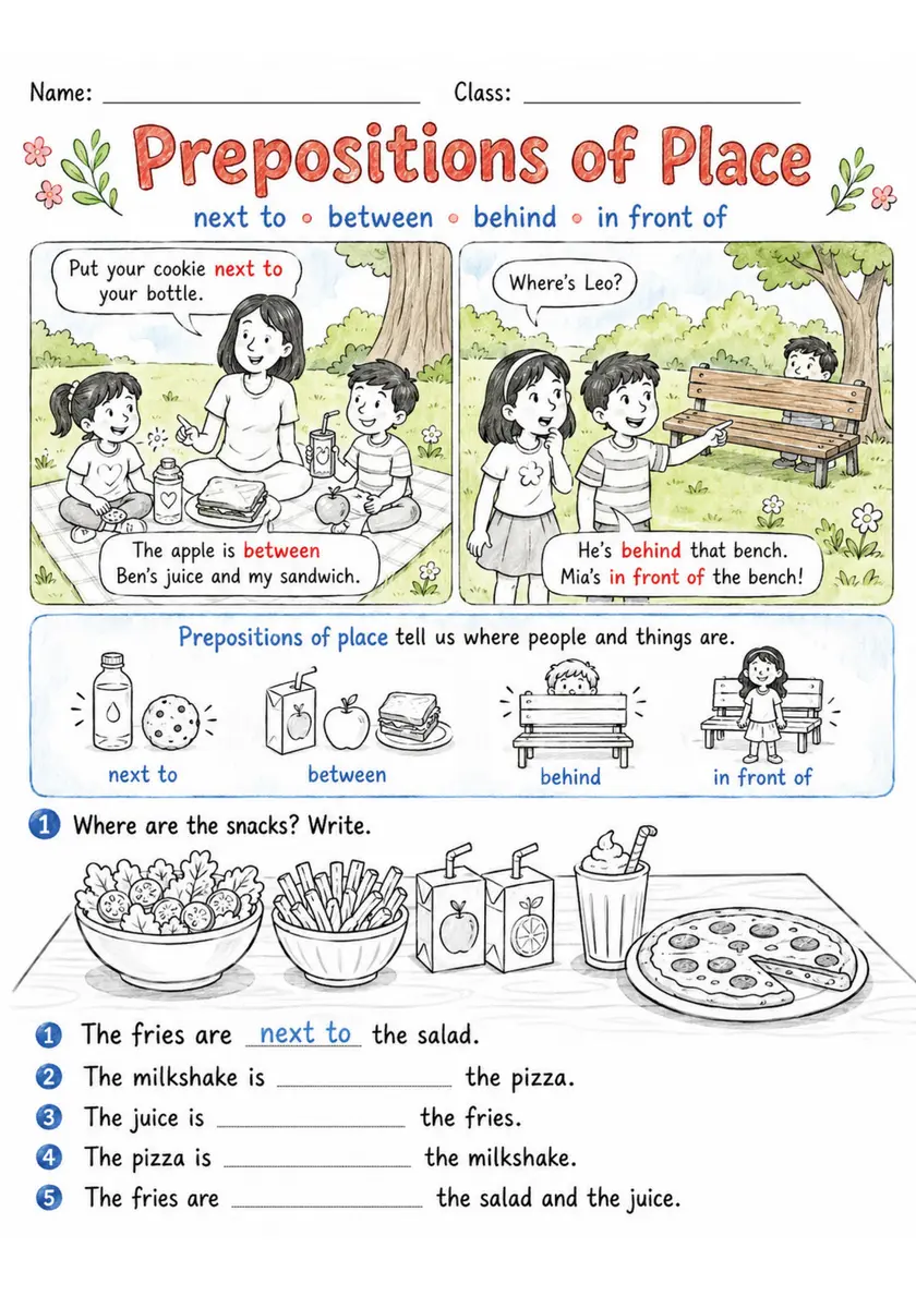 Prepositions Of Place | Grades 2-3 Grammar Worksheet grades 2 3 printable PDF preview