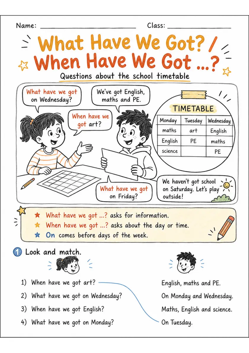 What Have We Got? / When Have We Got ...? | Grades 2-3 Grammar Worksheet grades 2 3 printable PDF preview