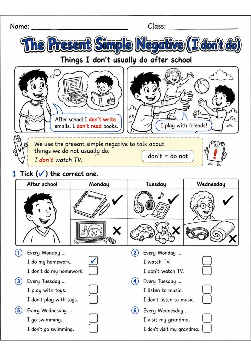 The Present Simple Negative (I Don'T Do) | Grades 2-3 Grammar Worksheet grades 2 3 printable PDF preview