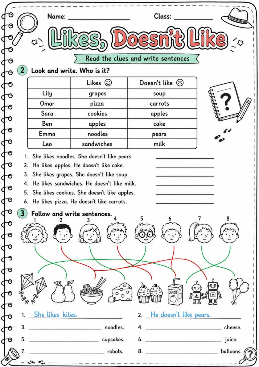 Likes, Doesn'T Like | Grades 2-3 Grammar Worksheet grades 2 3 printable PDF preview