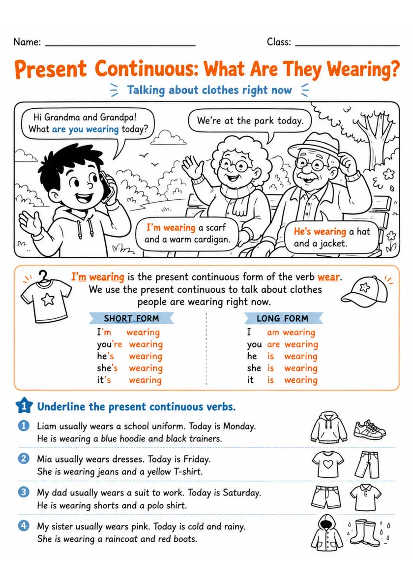 Present Continuous: What Are They Wearing? | Grades 2-3 Grammar Worksheet grades 2 3 printable PDF preview