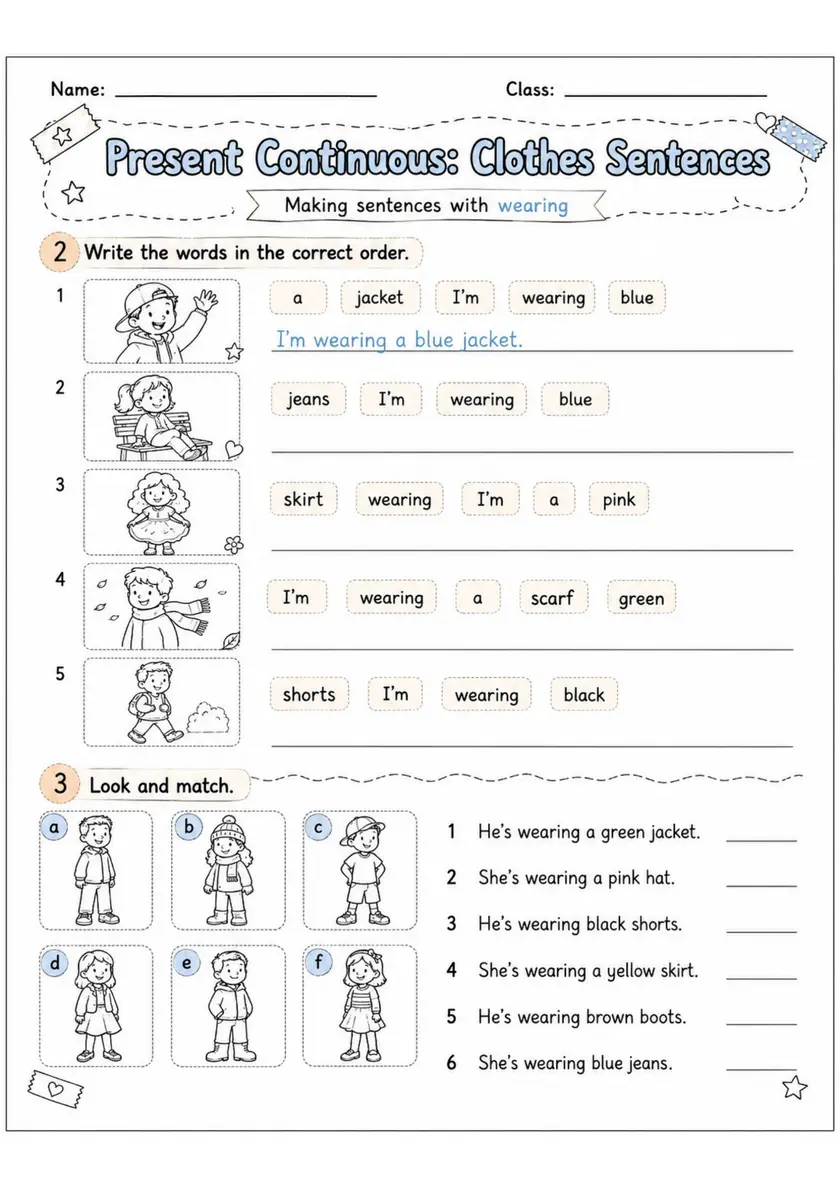 Present Continuous: Clothes Sentences | Grades 2-3 Grammar Worksheet grades 2 3 printable PDF preview