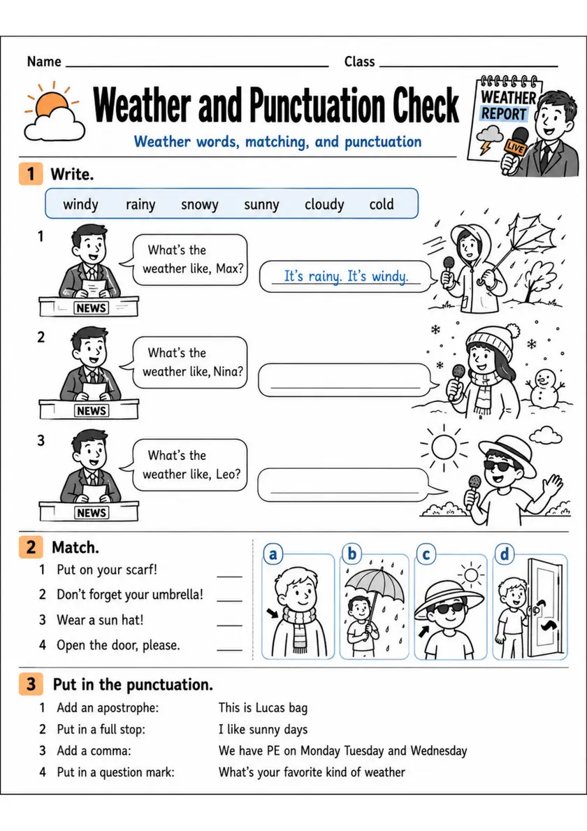 Weather And Punctuation Check | Grades 2-3 Grammar Worksheet grades 2 3 printable PDF preview