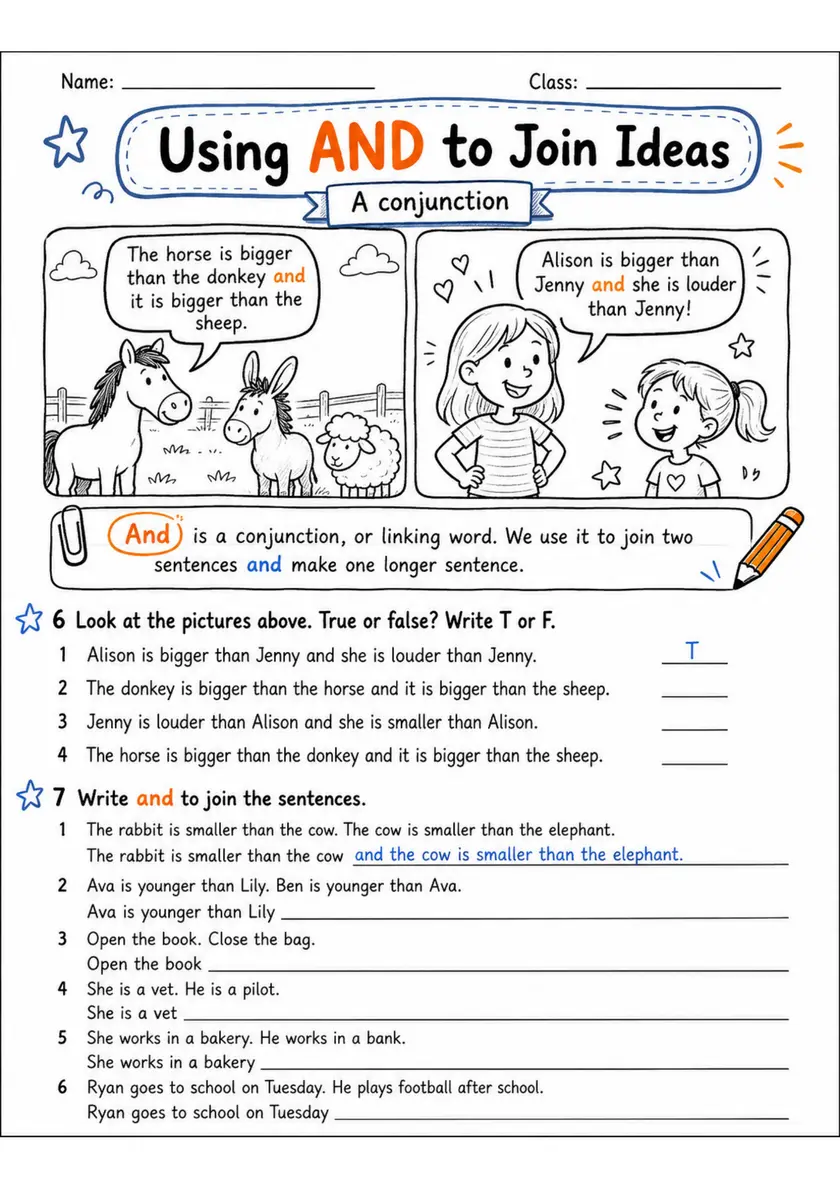 Using And To Join Ideas | Grades 2-3 Grammar Worksheet grades 2 3 printable PDF preview