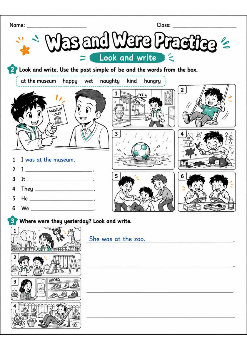 Was And Were Practice | Grades 2-3 Grammar Worksheet grades 2 3 printable PDF preview