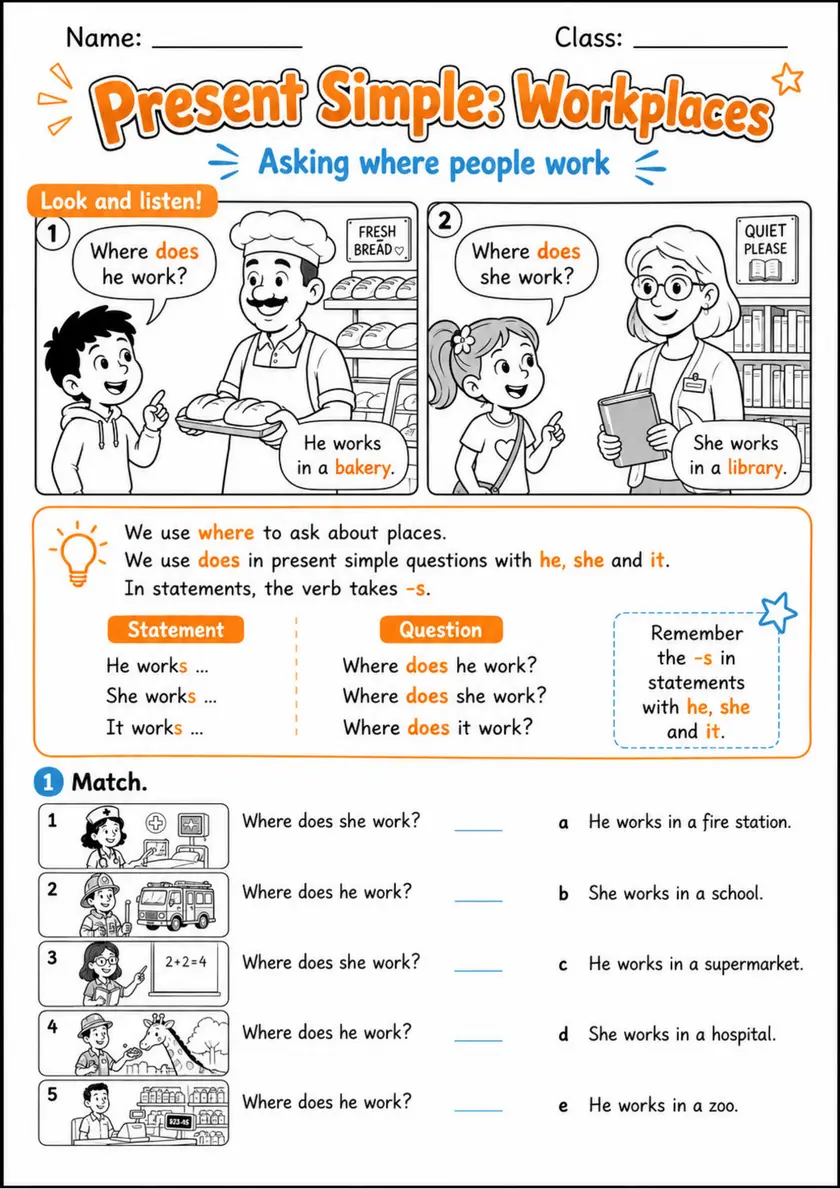 Present Simple: Workplaces | Grades 2-3 Grammar Worksheet grades 2 3 printable PDF preview