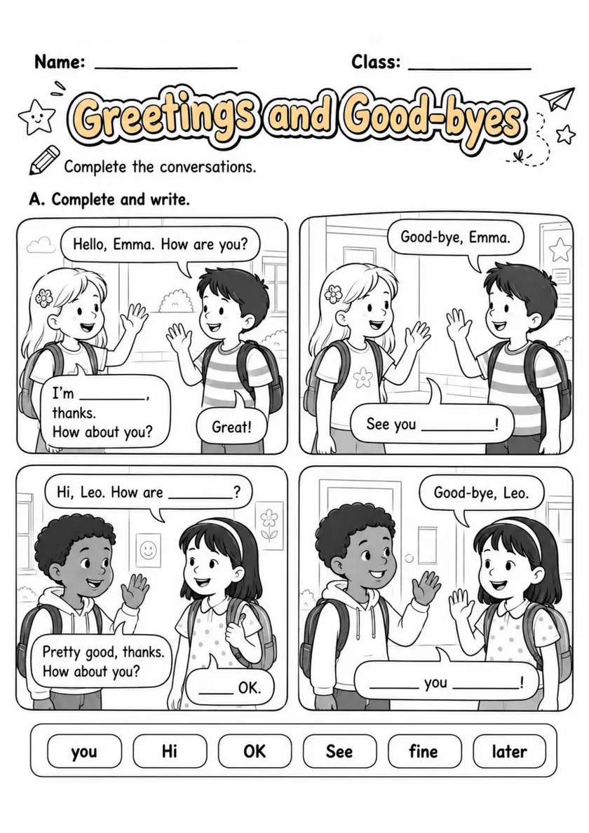 Greetings and Goodbyes | Grade 2 English Language Arts Worksheet grade 2 printable PDF preview