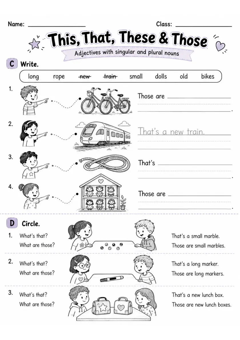 This, That, These & Those | Grade 2 English Language Arts Worksheet grade 2 printable PDF preview