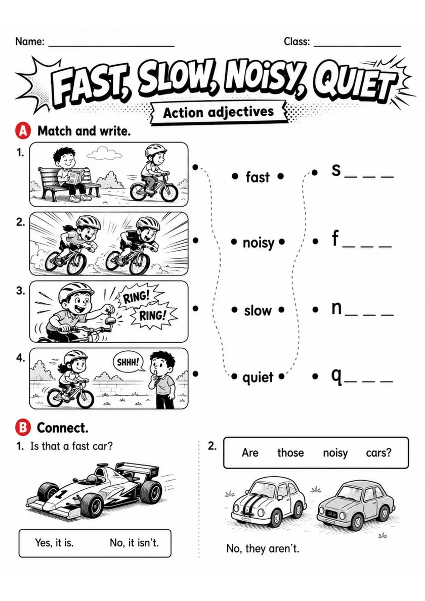 Fast, Slow, Noisy, Quiet | Grade 2 English Language Arts Worksheet grade 2 printable PDF preview