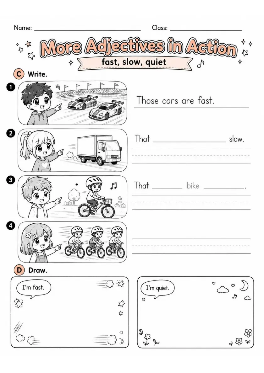 More Adjectives In Action | Grade 2 English Language Arts Worksheet grade 2 printable PDF preview