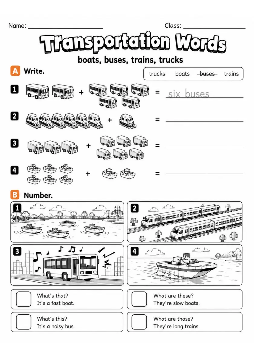 Transportation Words | Grade 2 Vocabulary Worksheet grade 2 printable PDF preview