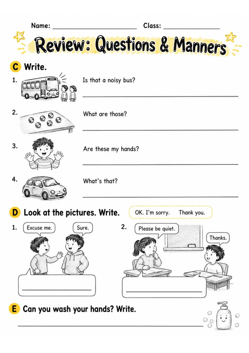 Review: Questions & Manners | Grade 2 English Language Arts Worksheet grade 2 printable PDF preview
