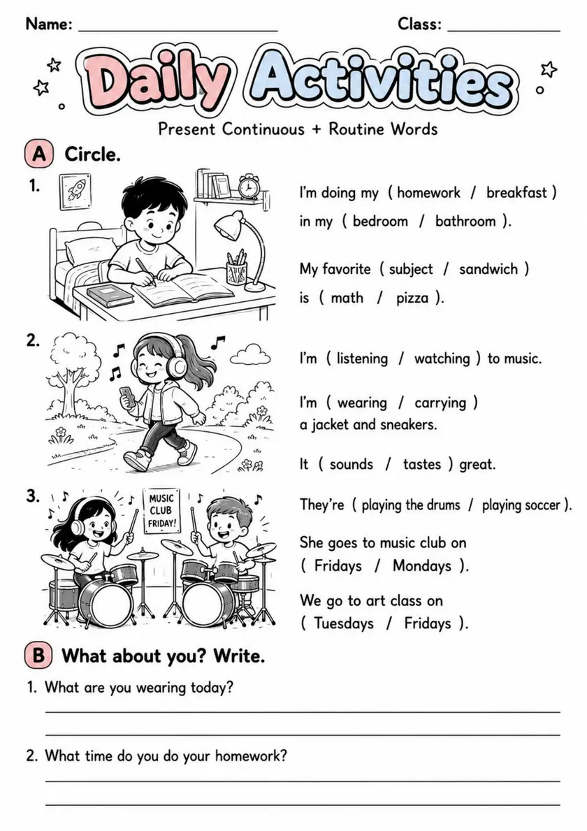 Daily Activities | Grade 2 Grammar Worksheet grade 2 printable PDF preview