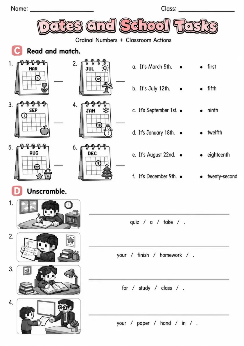 Dates And School Tasks | Grade 2 English Language Arts Worksheet grade 2 printable PDF preview