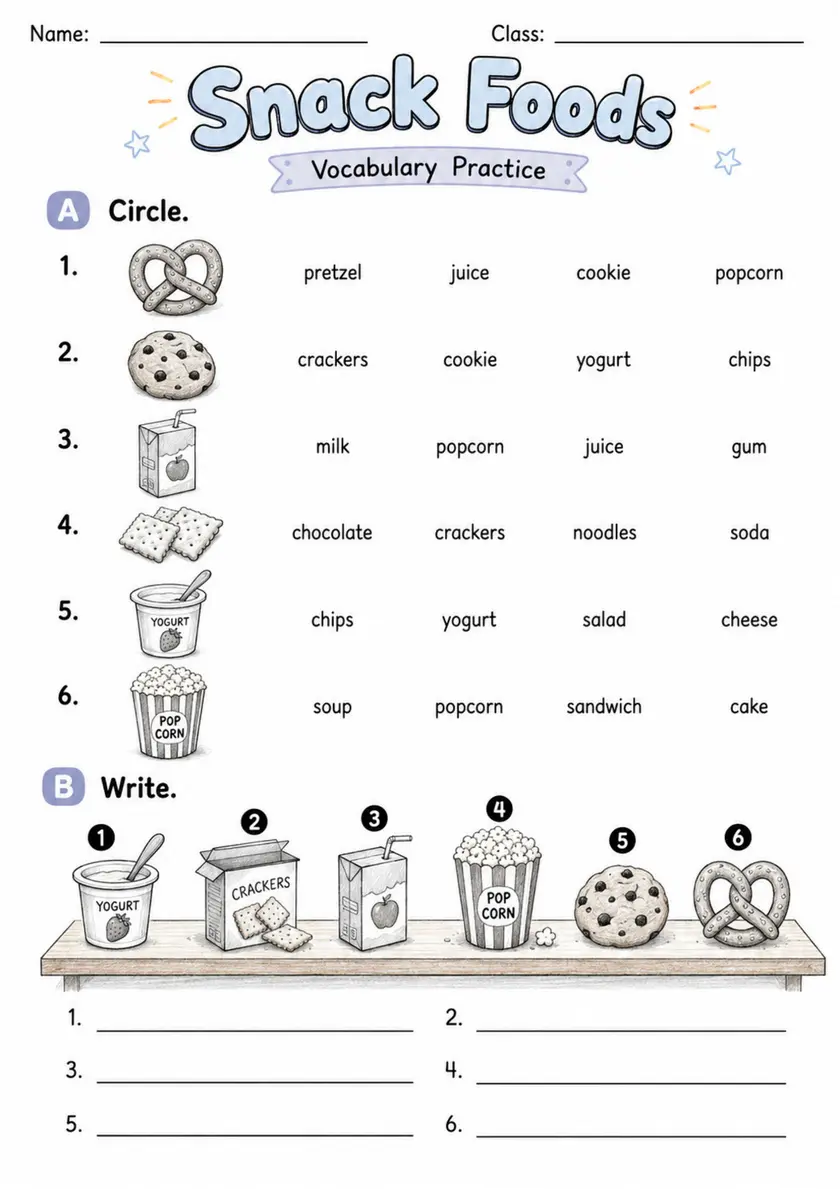 Snack Foods | Grade 2 Vocabulary Worksheet grade 2 printable PDF preview
