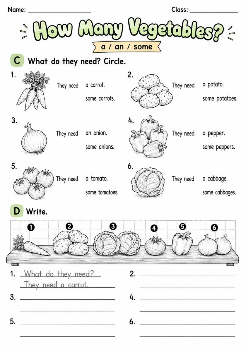 How Many Vegetables? | Grade 2 Vocabulary Worksheet grade 2 printable PDF preview