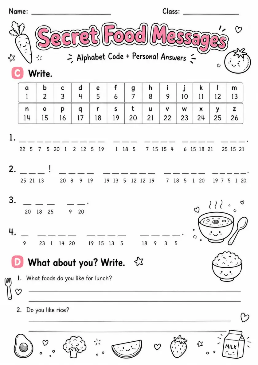 Secret Food Messages | Grade 2 Phonics Worksheet grade 2 printable PDF preview