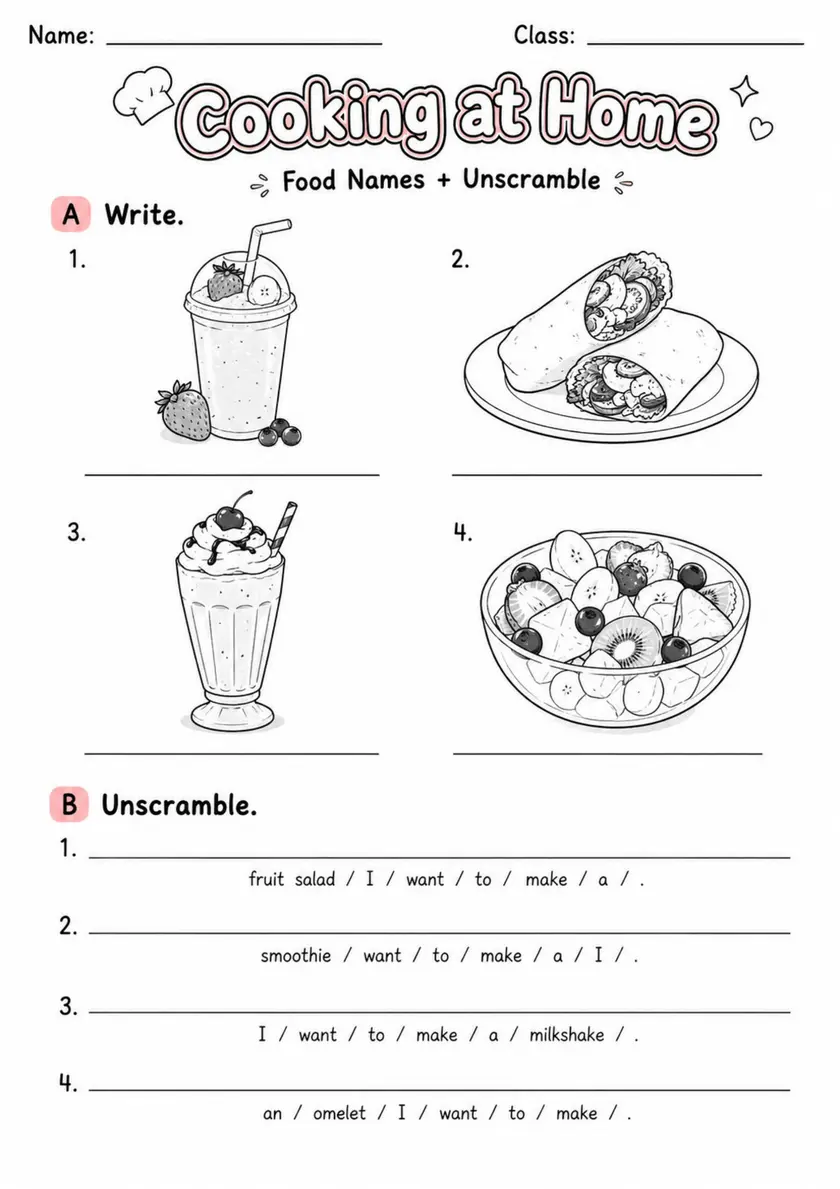 Cooking At Home | Grade 2 English Language Arts Worksheet grade 2 printable PDF preview