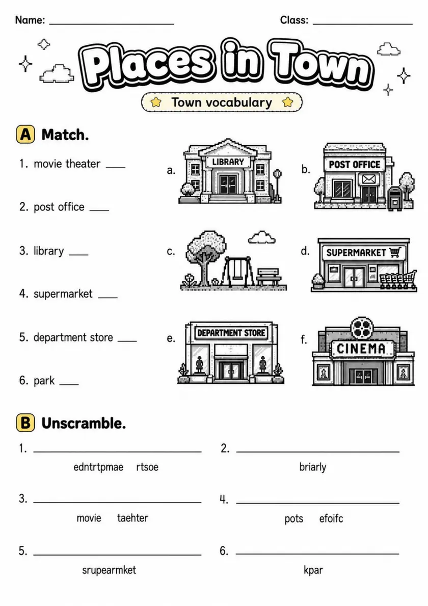 Places In Town | Grade 2 Vocabulary Worksheet grade 2 printable PDF preview