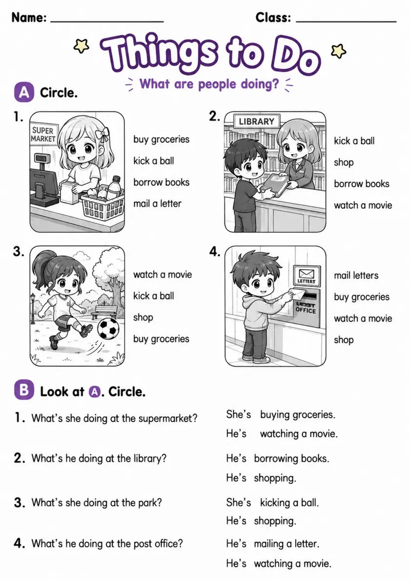 Things To Do | Grade 2 English Language Arts Worksheet grade 2 printable PDF preview